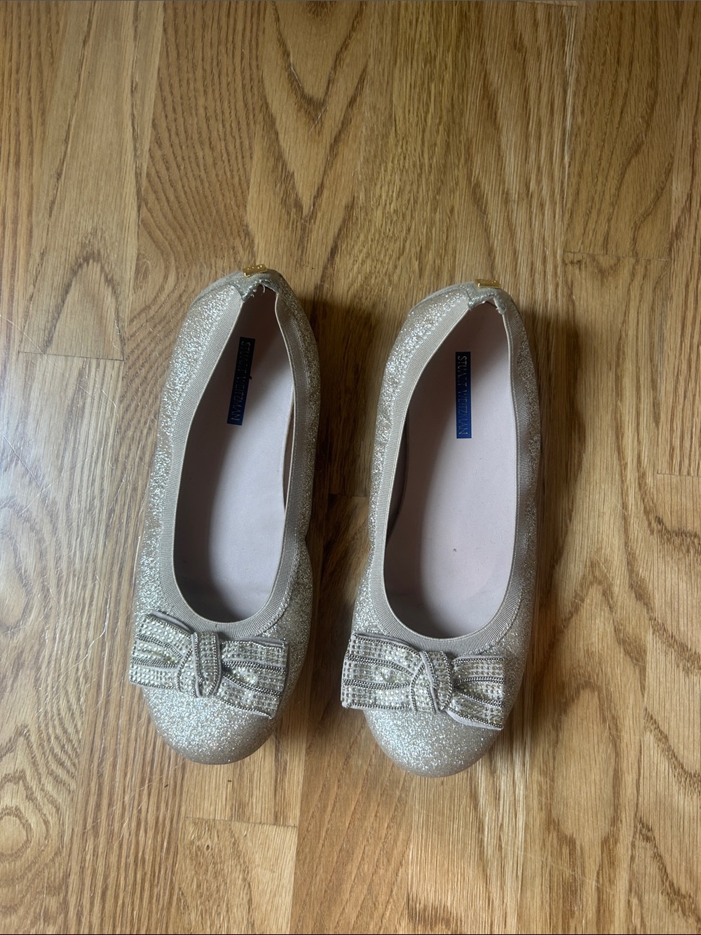 Stuart Weitzman Girls Gold Glitter Bow Ballet Flats